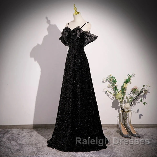 A Line Off Shoulder Velvet Sequin Long Black Prom Dresses Black Long Prom Dresses