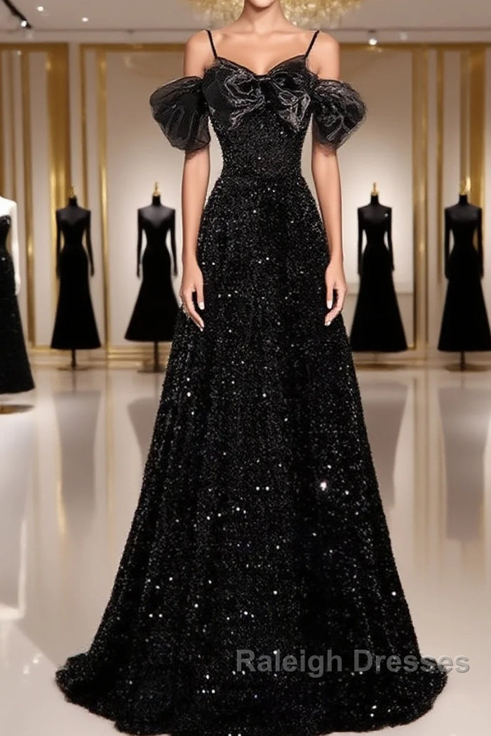 A-Line Off Shoulder Velvet Sequin Long Black Prom Dress, Black Long Evening Dress Main image