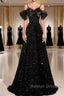 A Line Off Shoulder Velvet Sequin Long Black Prom Dresses Black Long Prom Dresses