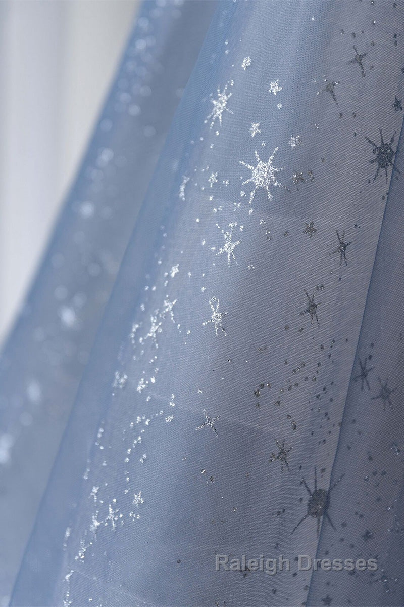 Blue Sparkly Tulle Prom Dress with Long Sleeves, New Style Long Dress with Beading