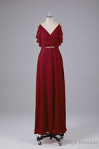 Elegant Chiffon Straps V-Back Long Bridesmaid Dresses