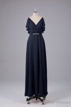 Elegant Chiffon Straps V-Back Long Bridesmaid Dresses