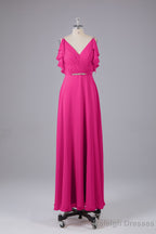 Elegant Chiffon Straps V-Back Long Bridesmaid Dresses