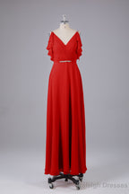 Elegant Chiffon Straps V-Back Long Bridesmaid Dress