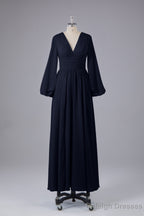 Elegant Long Sleeves V Neck Chiffon Long Bridesmaid Dress