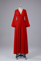 Elegant Long Sleeves V Neck Chiffon Long Bridesmaid Dress
