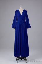 Elegant Long Sleeves V Neck Chiffon Long Bridesmaid Dress
