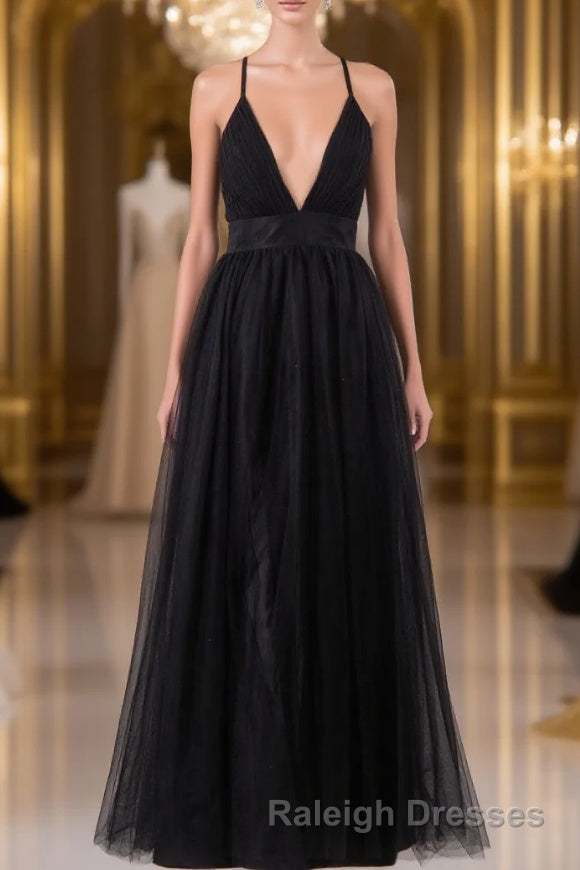 Elegant Tulle Spaghetti Straps Backless Floor Length Prom Dresses Main image
