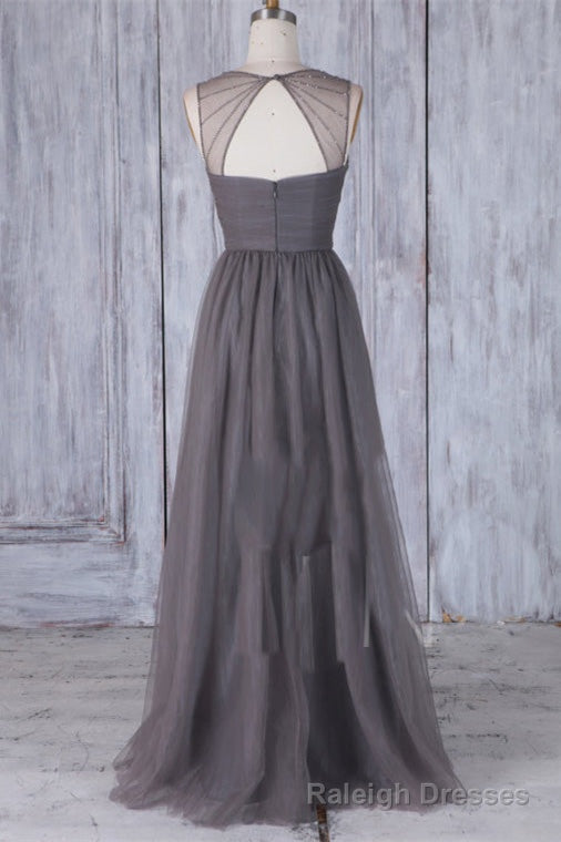 Elegant Grey Long Tulle Bridesmaid Dress with Keyhole Back Secondary image
