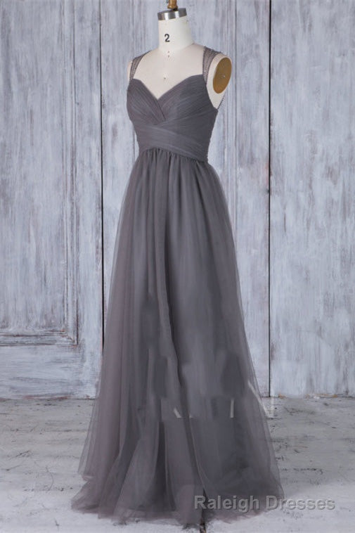 Elegant Grey Long Tulle Bridesmaid Dress with Keyhole Back Main image