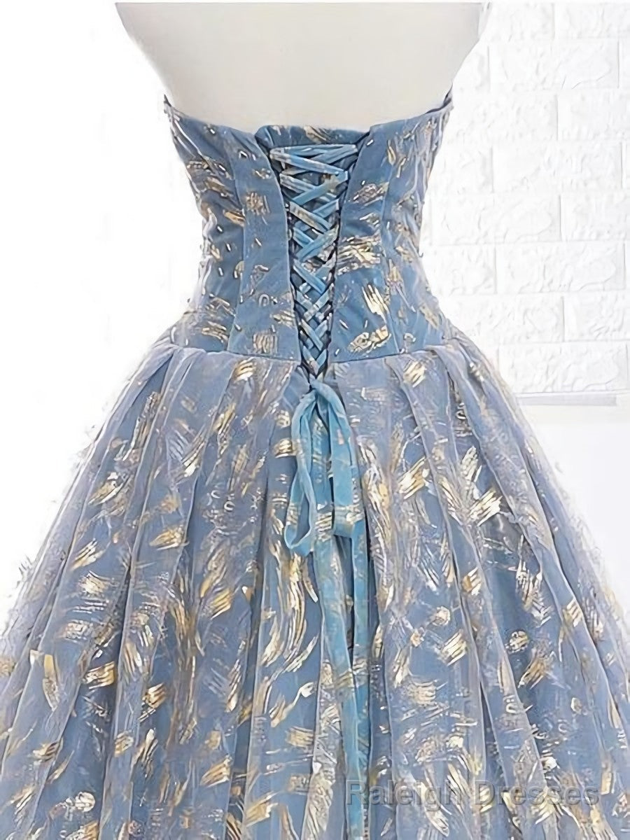 Elegant A Line Blue Tulle Long Strapless Lace Up Gold Prom Dress, Js223