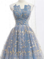 Elegant A Line Blue Tulle Long Strapless Lace Up Gold Prom Dress, Js223