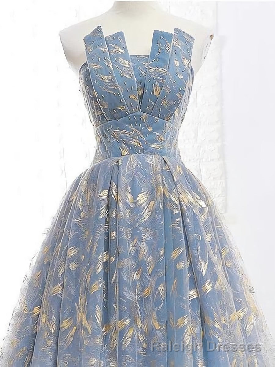 Elegant A Line Blue Tulle Long Strapless Lace Up Gold Evening Dress, Prom Dresses, Js223