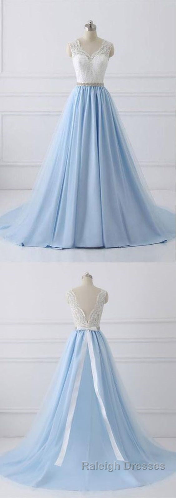 Elegant Long Blue Prom Dresses with White Lace Top | Senior School Prom Dresses Secondary image