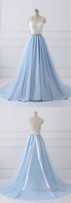 Elegant Long Blue Prom Dress with White Lace Top | Senior School Formal Dress