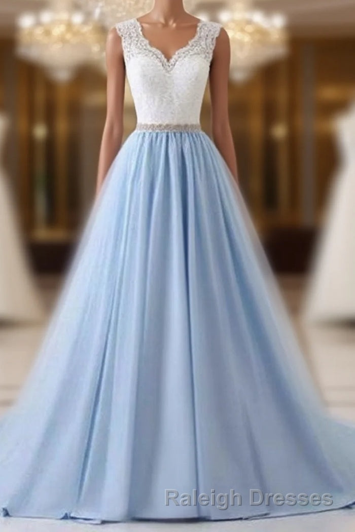 Elegant Long Blue Prom Dress with White Lace Top | Senior School Formal Dress Main image