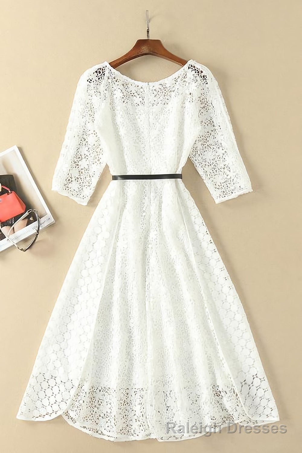 Elegant White Half Sleeve Lace Round Neck Homecoming Dresses, Belt Ankle Knee Prom Dress, H1127 Main image
