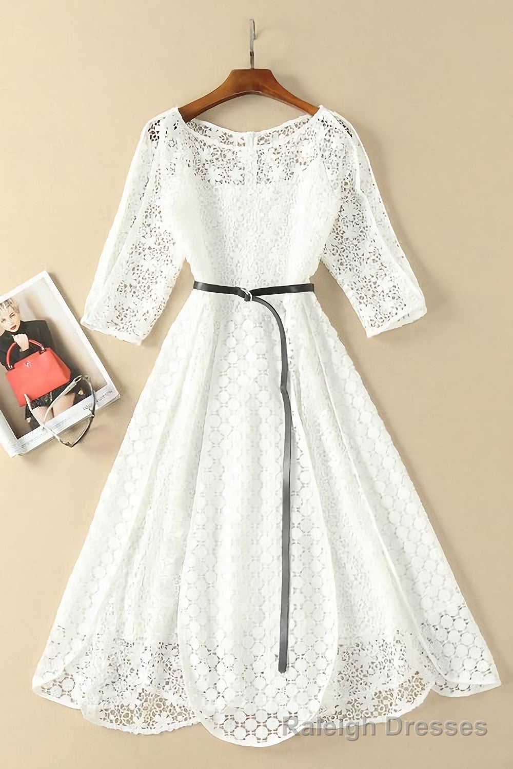 Elegant White Half Sleeve Lace Round Neck Homecoming Dresses, Belt Ankle Knee Prom Dress, H1127 Secondary image