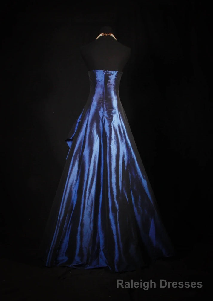 Vintage Ball Gown Strapless Navy Blue Satin Long Prom Dresses Party Dress