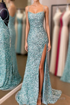 Sparkle Tiffany Blue Sequins Long Prom Dress with Slit