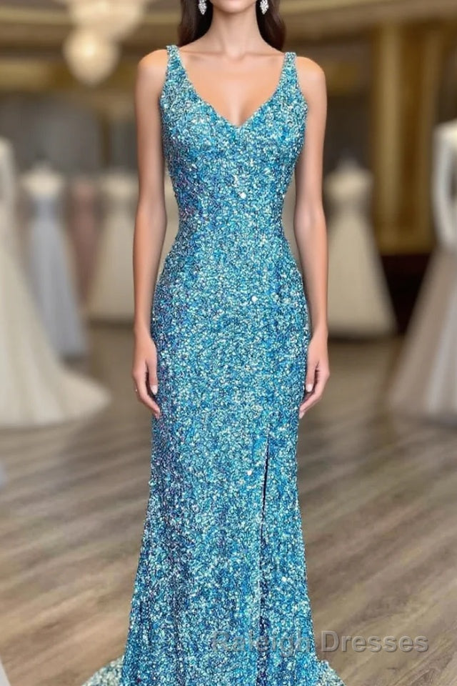Glitter V Neck Tiffany Blue Mermaid Prom Dreess Main image