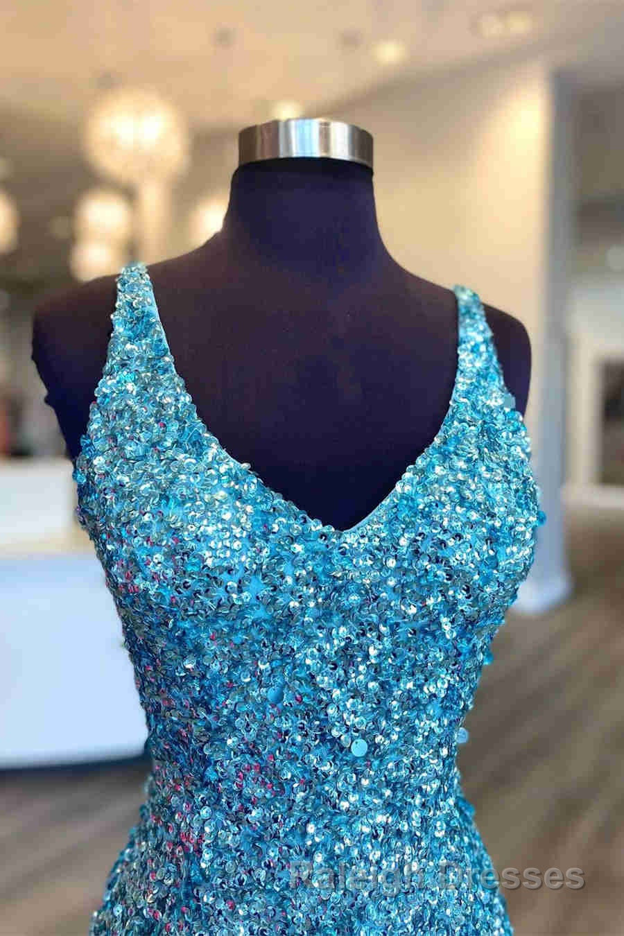 Glitter V Neck Tiffany Blue Mermaid Prom Dreess Secondary image