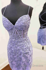 Tie Back Blue Appliqued Bodycon Homecoming Dress