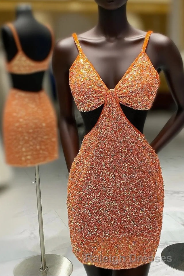 Cut Out Waist Orange Beaded Mini Homecoming Dresses Main image