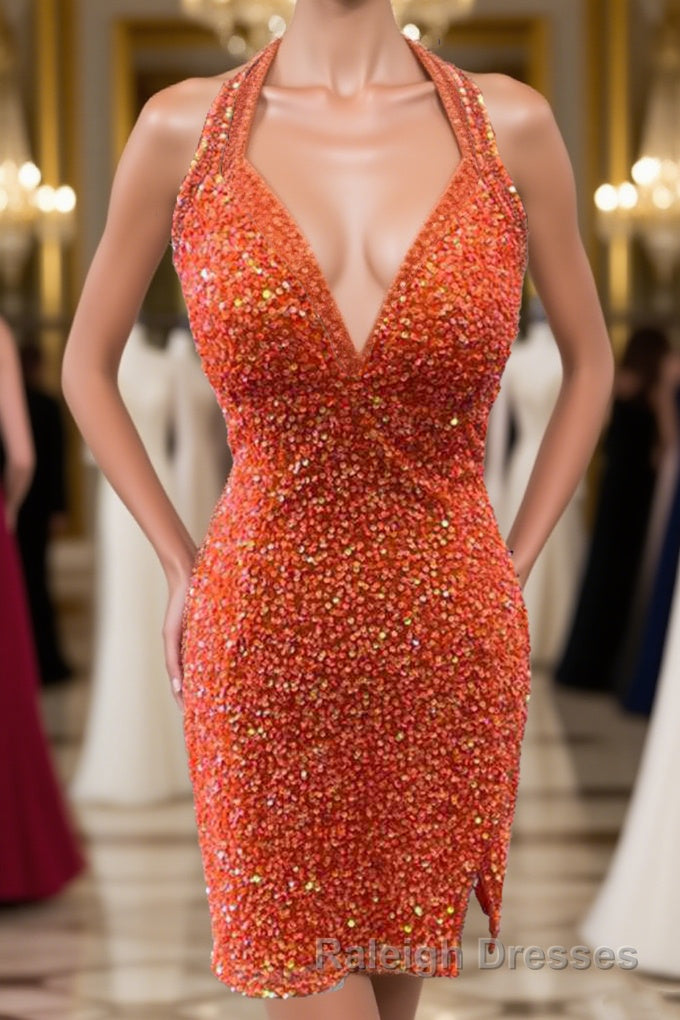 Halter Orange Sequins Bodycon Homecoming Dress with Tassel Main image
