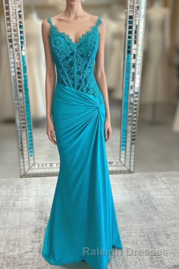 Jade Appliques Straps Twist Knot Mermaid Satin Long Prom Dress Main image