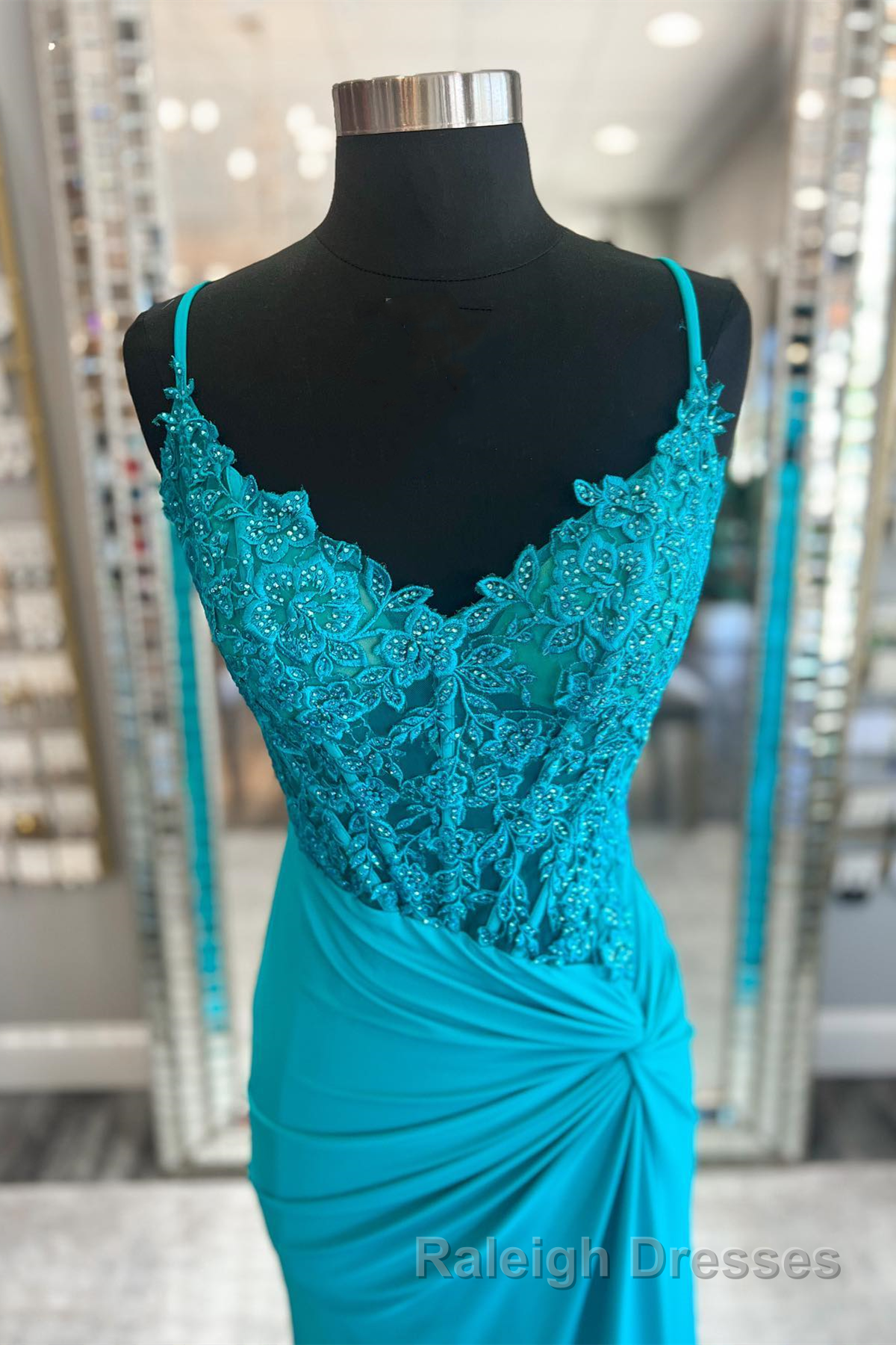 Jade Appliques Straps Twist Knot Mermaid Satin Long Prom Dresses
