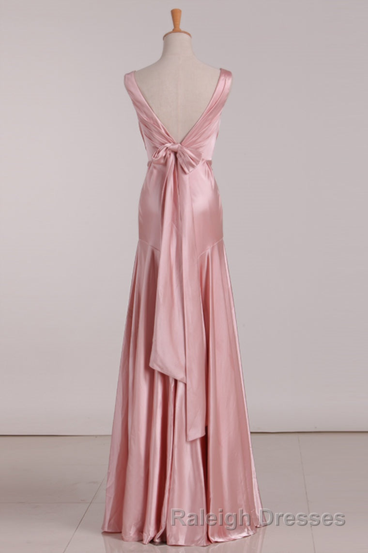 V Neck Pink Tie Back Mermaid Bridesmaid Dresses