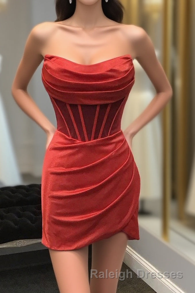 Strapless Pleated Red Satin Homecoming Dress Main image