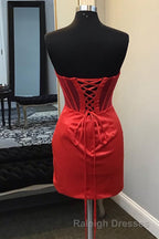 Strapless Pleated Red Satin Homecoming Dresses