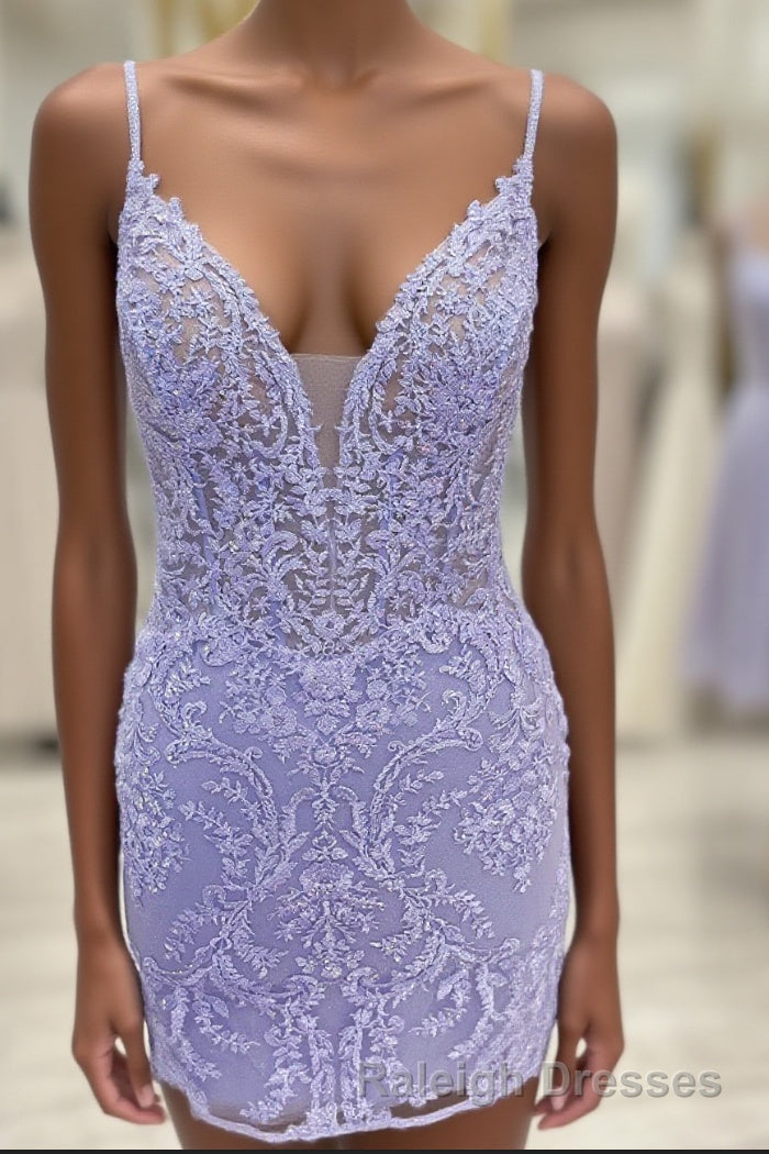 Plunging Neck Lavender Embroidery Bodycon Homecoming Dress