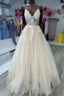 V-Neck Champagne Appliques Long Prom Dress with Straps