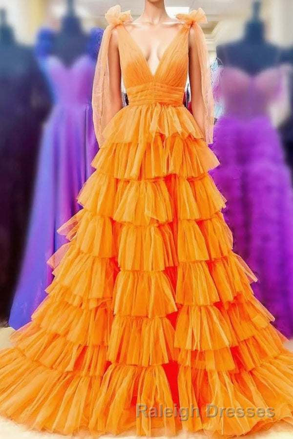 Bow Straps Orange V-Neck Ruffled Tulle Long Prom Dress with Slit Main image