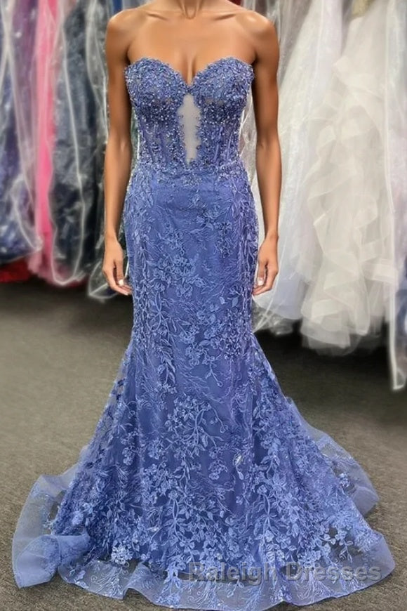 Sweetheart Periwinkle Keyhole Mermaid Prom Dresses with Appliques Main image