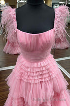Cold Shoulder Pink Feathers A-Line Tiered Prom Dress