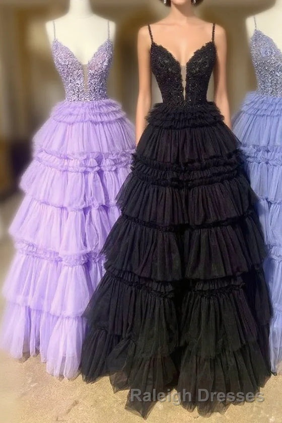 Plunging V-Neck Straps Appliques Layered Prom Dress