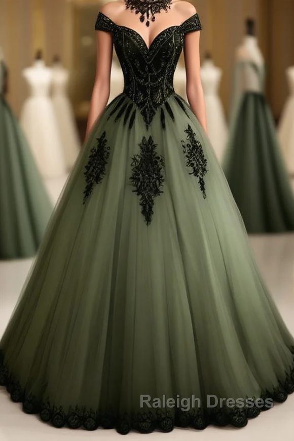 Green A-line Tulle Prom Dress Off The Shoulder Formal Evening Gown Main image
