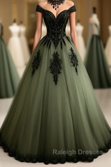 Green A-line Tulle Prom Dress Off The Shoulder Formal Evening Gown