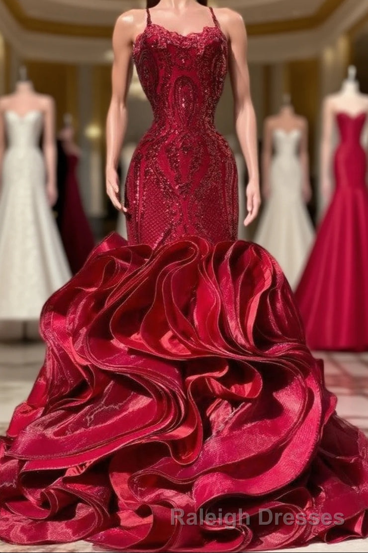 Fabulous Burgundy Long Mermaid Spaghetti Straps Satin Lace Prom Dresses Main image