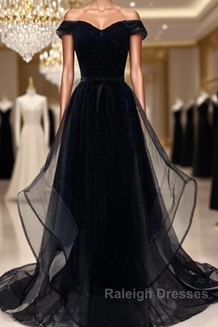 Flowy Tulle Off Shoulders Tulle Black Prom Dress Main image