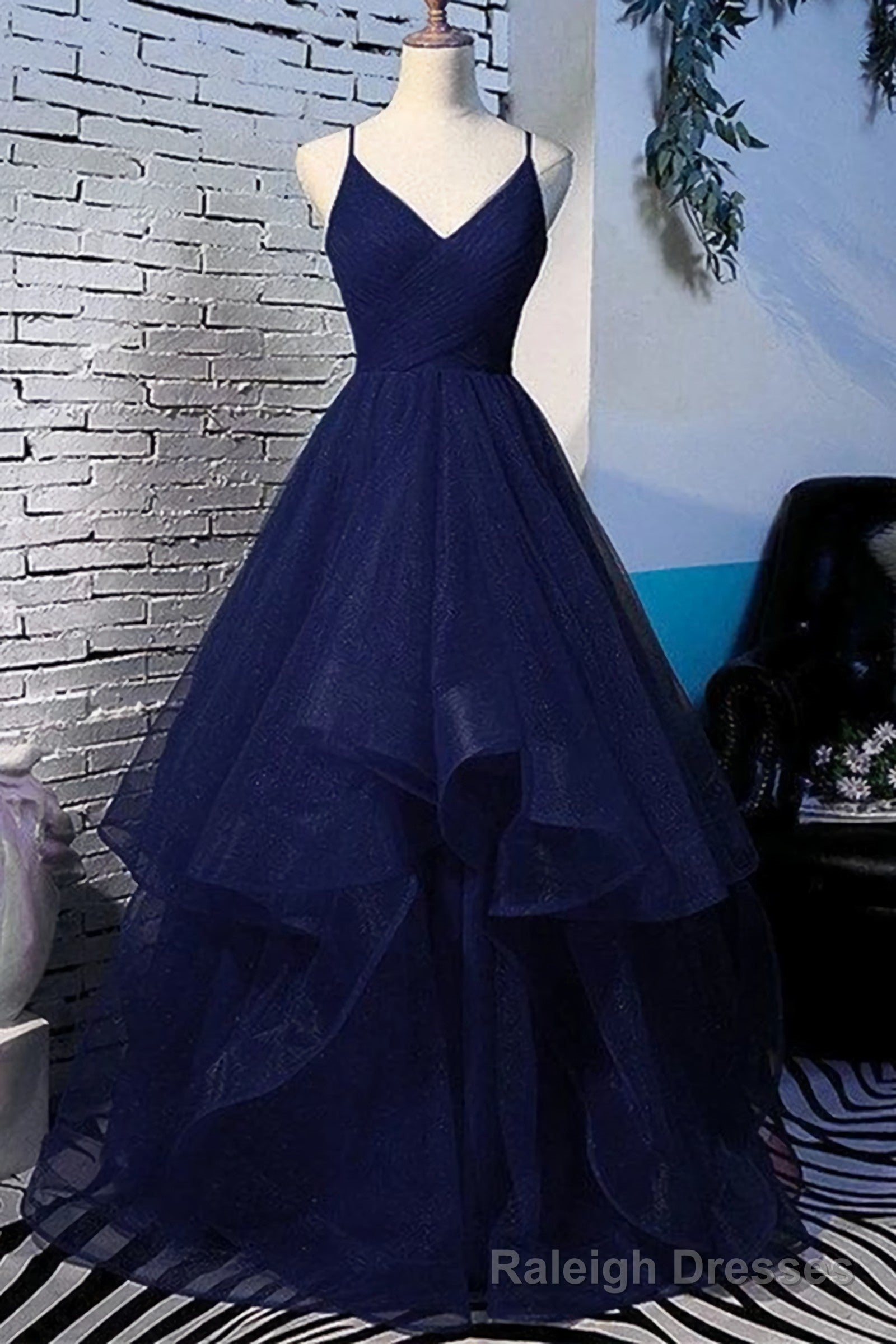 Fluffy V Neck Navy Blue Long Prom Dress, With Straps V Neck Navy Blue Formal Dress, Navy Blue Prom Dress Main image