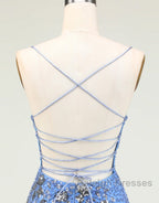 Glitter Blue Spaghetti Straps Beaded Sequins Short Tight Homecoming Dress
