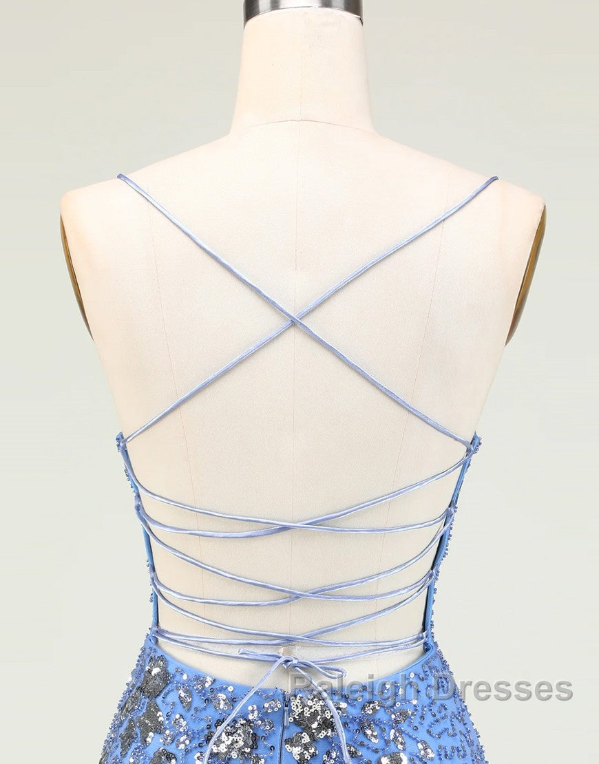 Glitter Blue Spaghetti Straps Beaded Sequins Short Tight Homecoming Dresses