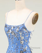 Glitter Blue Spaghetti Straps Beaded Sequins Short Tight Homecoming Dresses