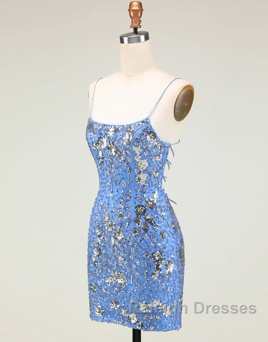 Glitter Blue Spaghetti Straps Beaded Sequins Short Tight Homecoming Dresses