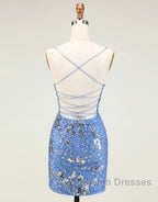 Glitter Blue Spaghetti Straps Beaded Sequins Short Tight Homecoming Dresses